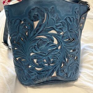 Blue Floral Embossed Leather Bag